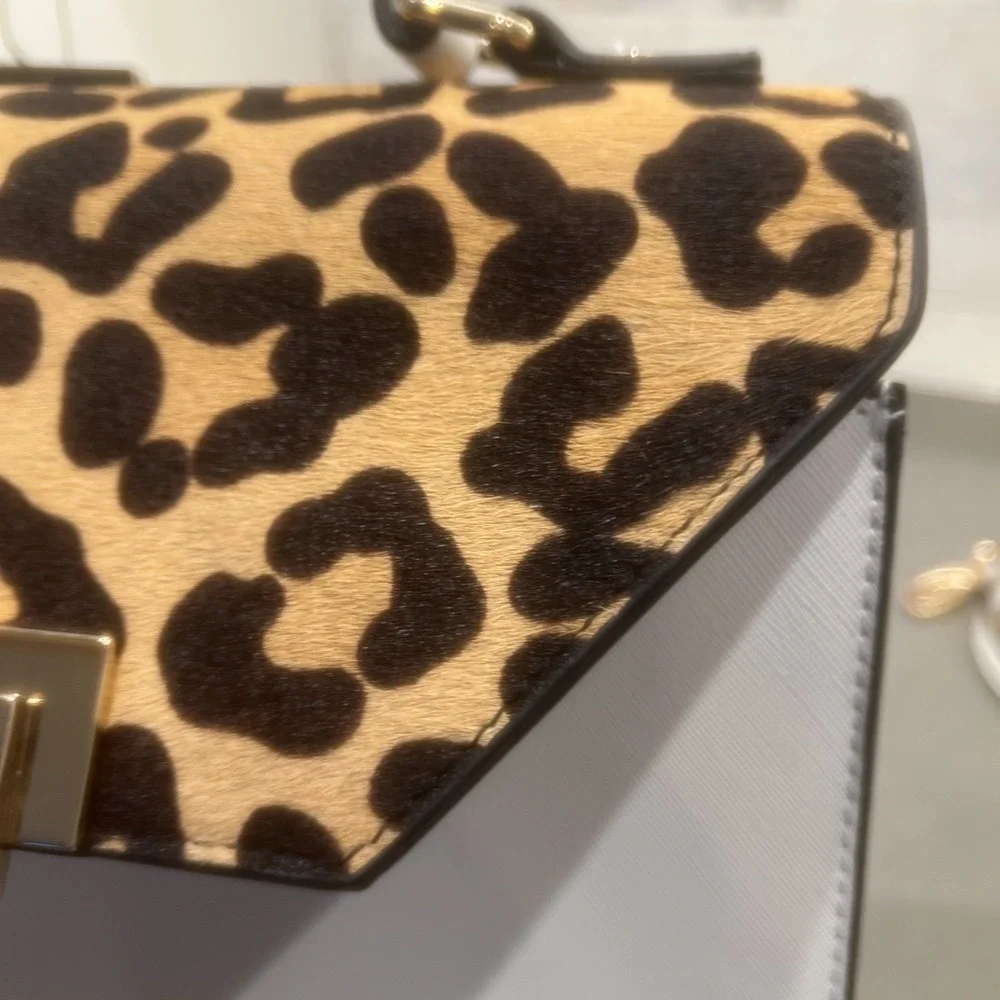 NEW-DUNE-White Leopard Women's Dune Genuine Calf Hair Leather Purse Handbag